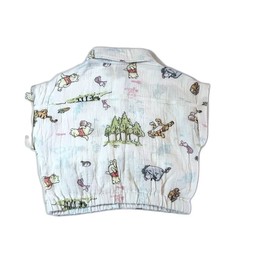 Disney Winnie The Pooh Girls Crop Top Blouse Button Down Short Sleeve Size S NWT